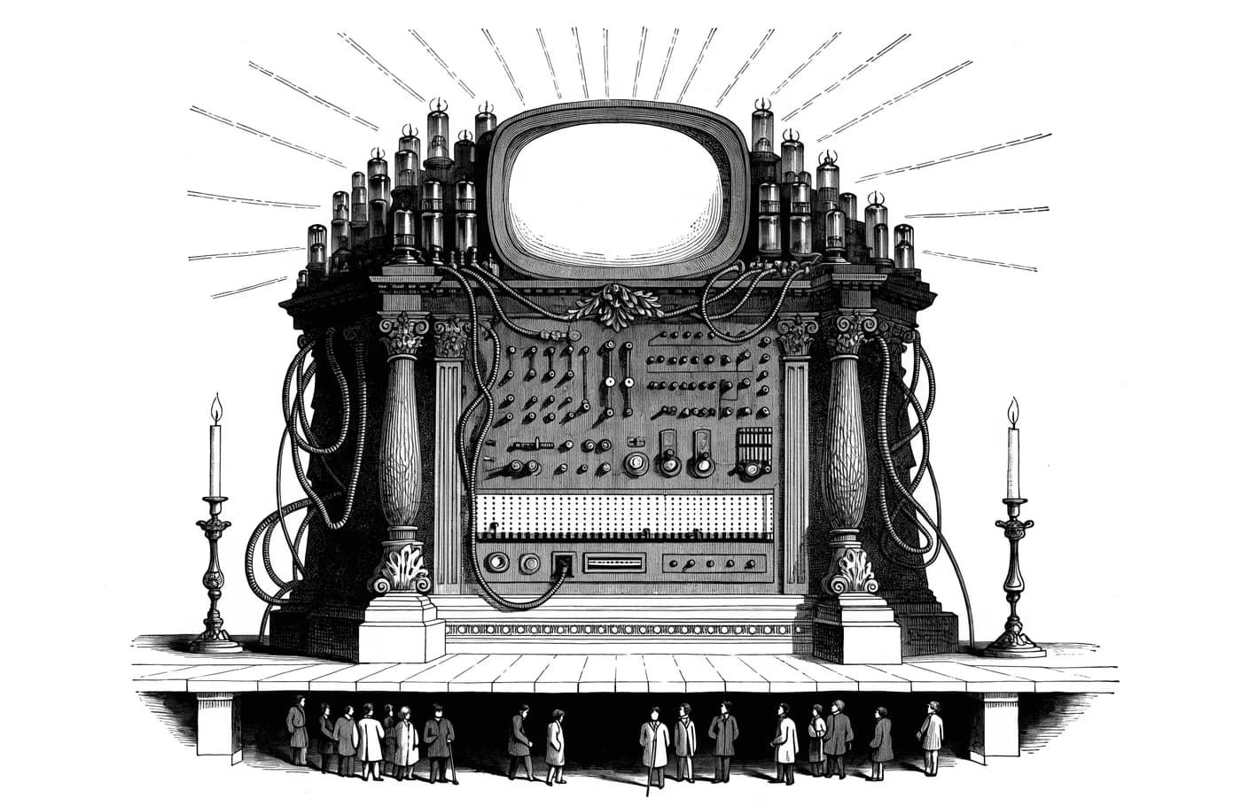 Grabado de un terminal de cómputo monumental montado como templo, con columnas, bulbos, cables, cirios y un público reunido al pie del escenario.