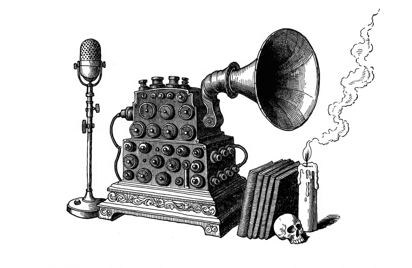 Grabado de un aparato de radio antiguo lleno de perillas, con bocina de trompeta, micrófono, expedientes, una vela y una calavera.